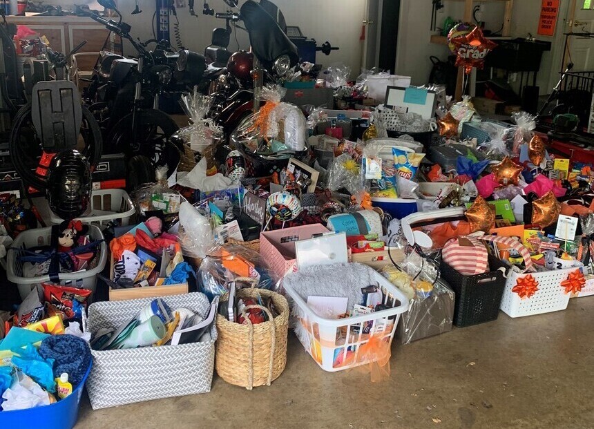 garage full of gift baskets